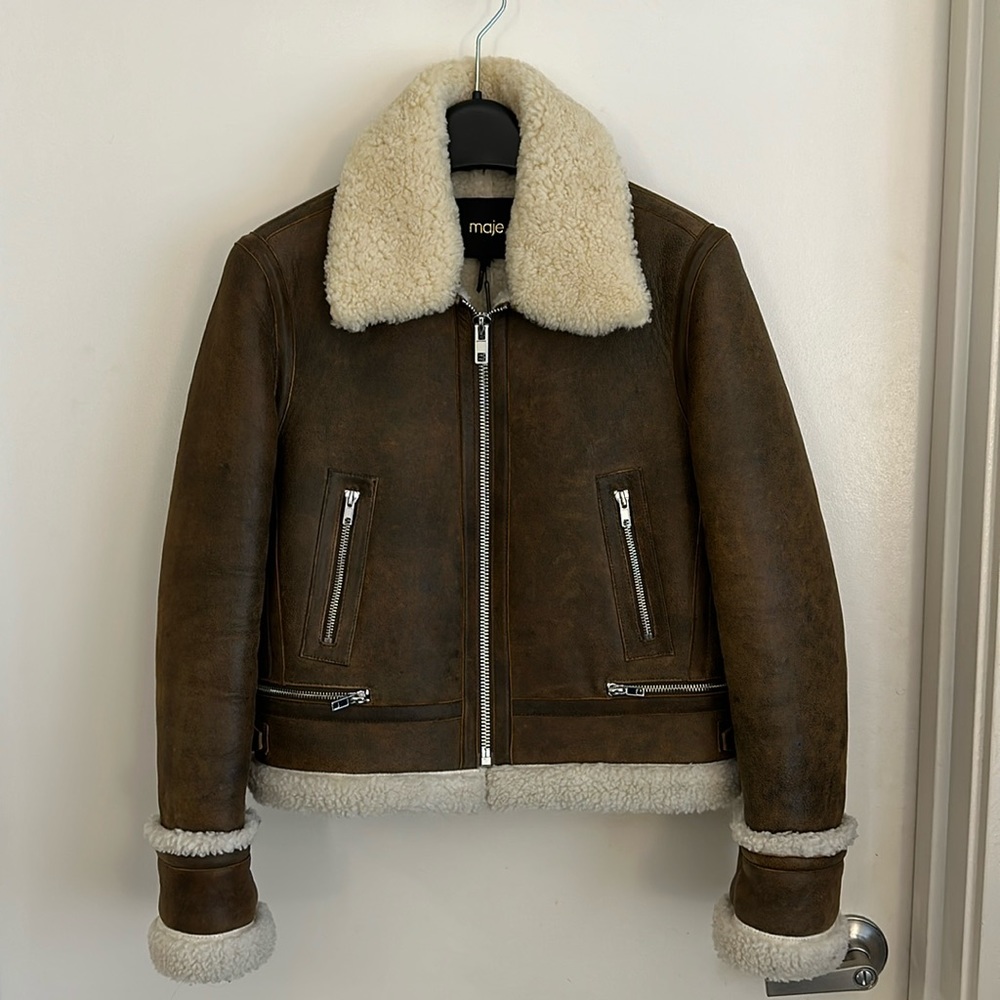 Maje brown 100% lamb leather jacket with removable sheep shearling collar